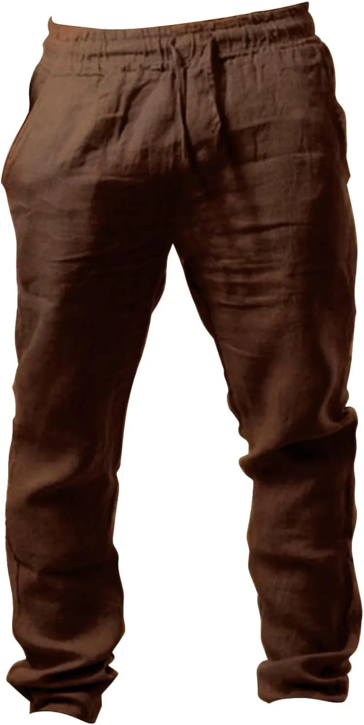 Mens Casual Cotton Linen Pants, Loose Fit Elastic Drawstring Waist Straight-Legs Summer Yoga Beach Long Pants