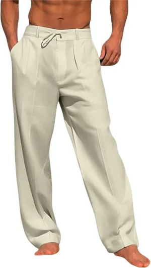 Men's Cotton Linen Pants Elastic Waist Loose Fit Drawstring Pants Lightweight Athletic Joggers for Everyday