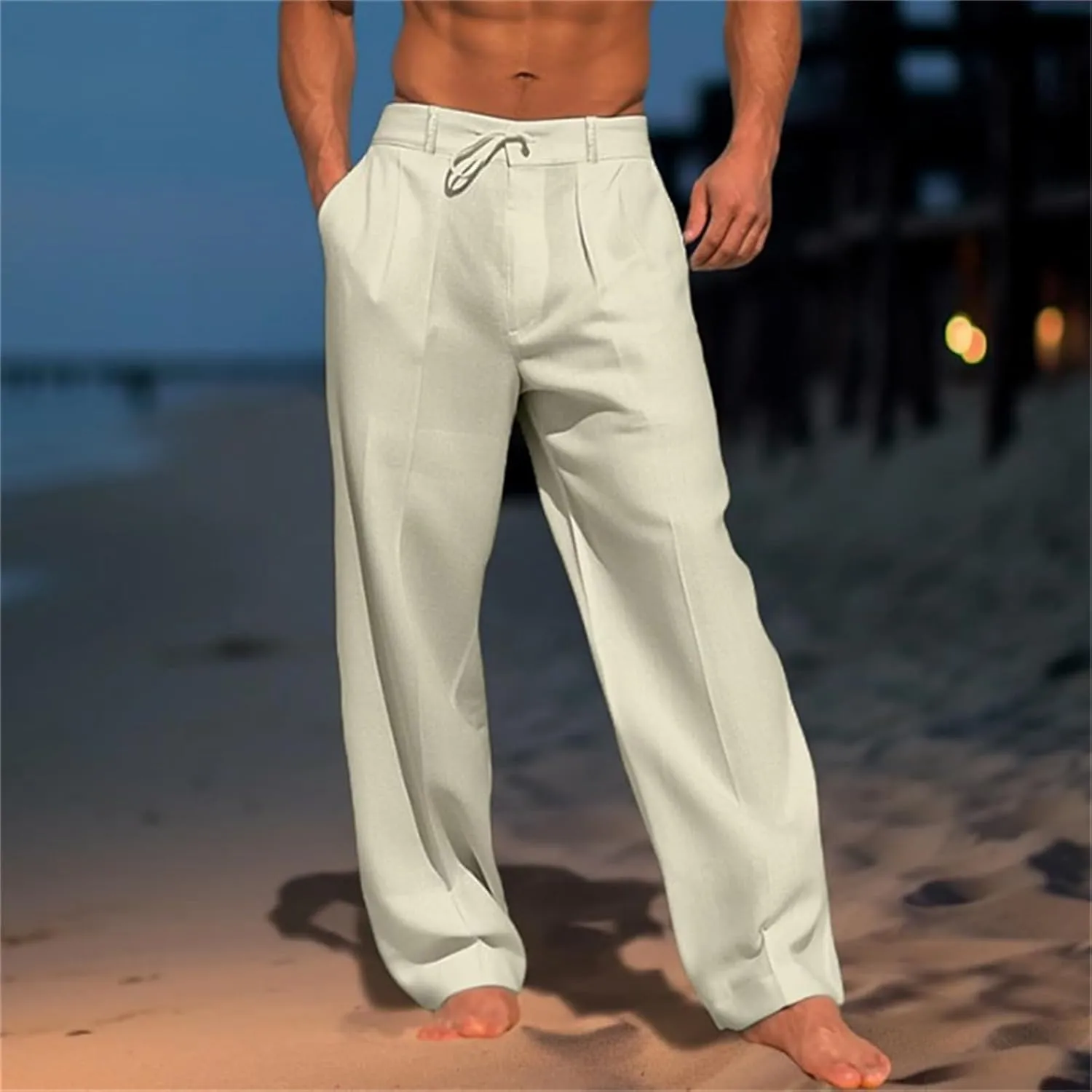Men's Cotton Linen Pants Elastic Waist Loose Fit Drawstring Pants Lightweight Athletic Joggers for Everyday