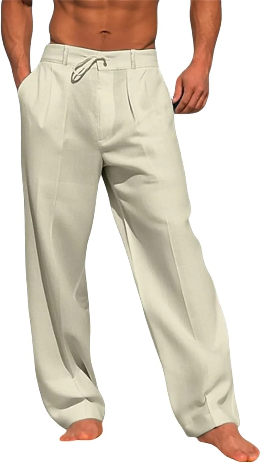 Men's Cotton Linen Pants Elastic Waist Loose Fit Drawstring Pants Lightweight Athletic Joggers for Everyday