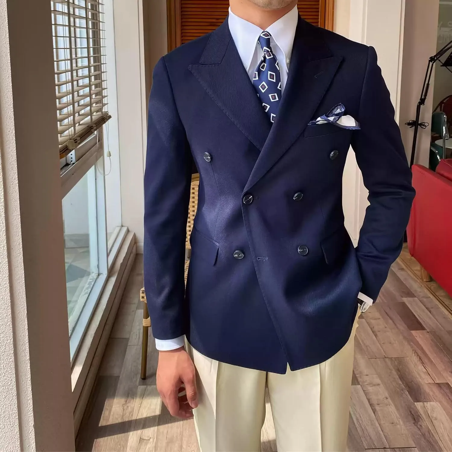 Men's Double-Breasted Blazer Daily Slim Solid Color Office Formal Commuter Suit Jacket