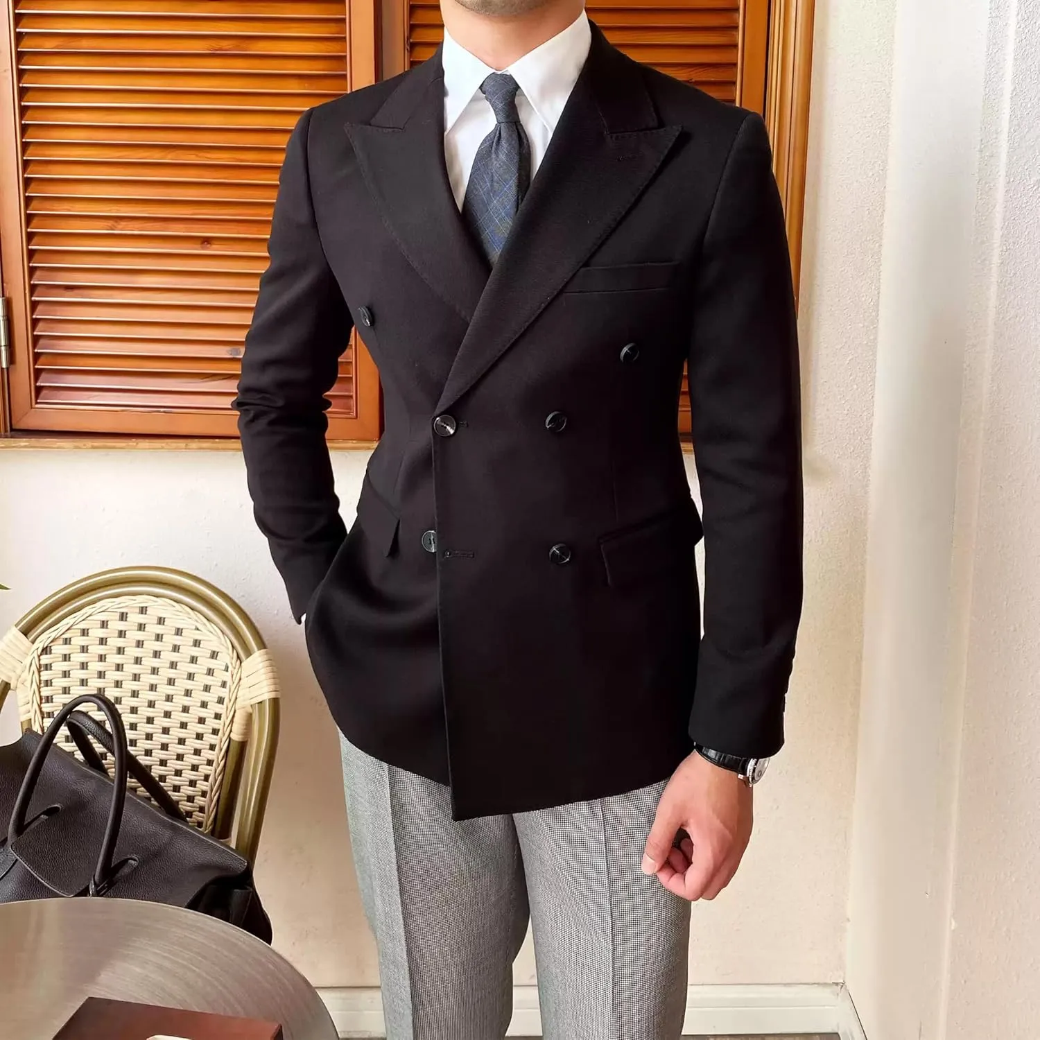 Men's Double-Breasted Blazer Daily Slim Solid Color Office Formal Commuter Suit Jacket