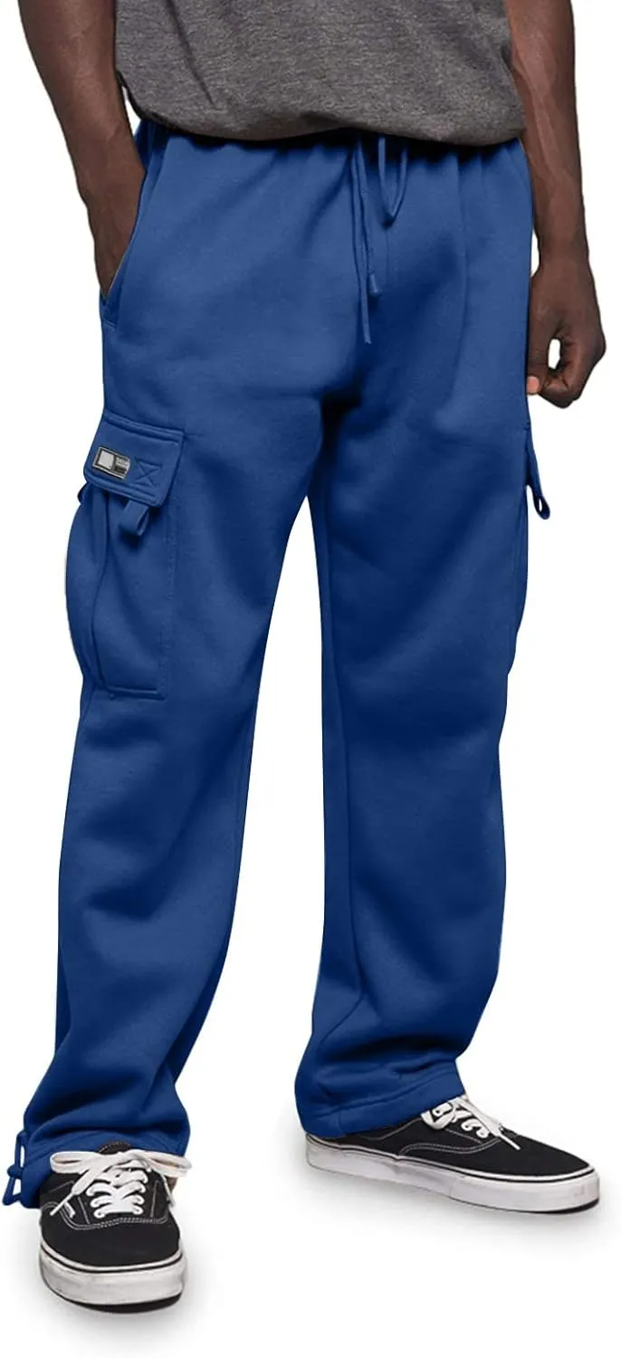 Mens Heavyweight Fleece Cargo Relaxed Fit Stretch Sweatpants Joggers with Pockets Fashion Sport Baggy Pants Trousers