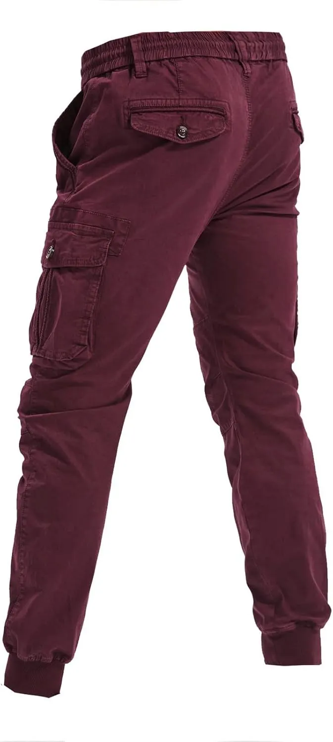 Mens Linen Pants Drawstring Buckle Zipper Cargo Pants Multi Pockets Solid Beam Feet Athletic Sweatpants Outdoor