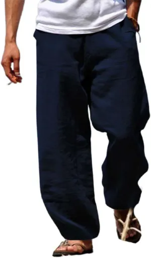 Men's Linen Pants Loose Fit Yoga Beach Pants Slim Fit Capri Trousers with Elastic Waist for Casual Summer Wear