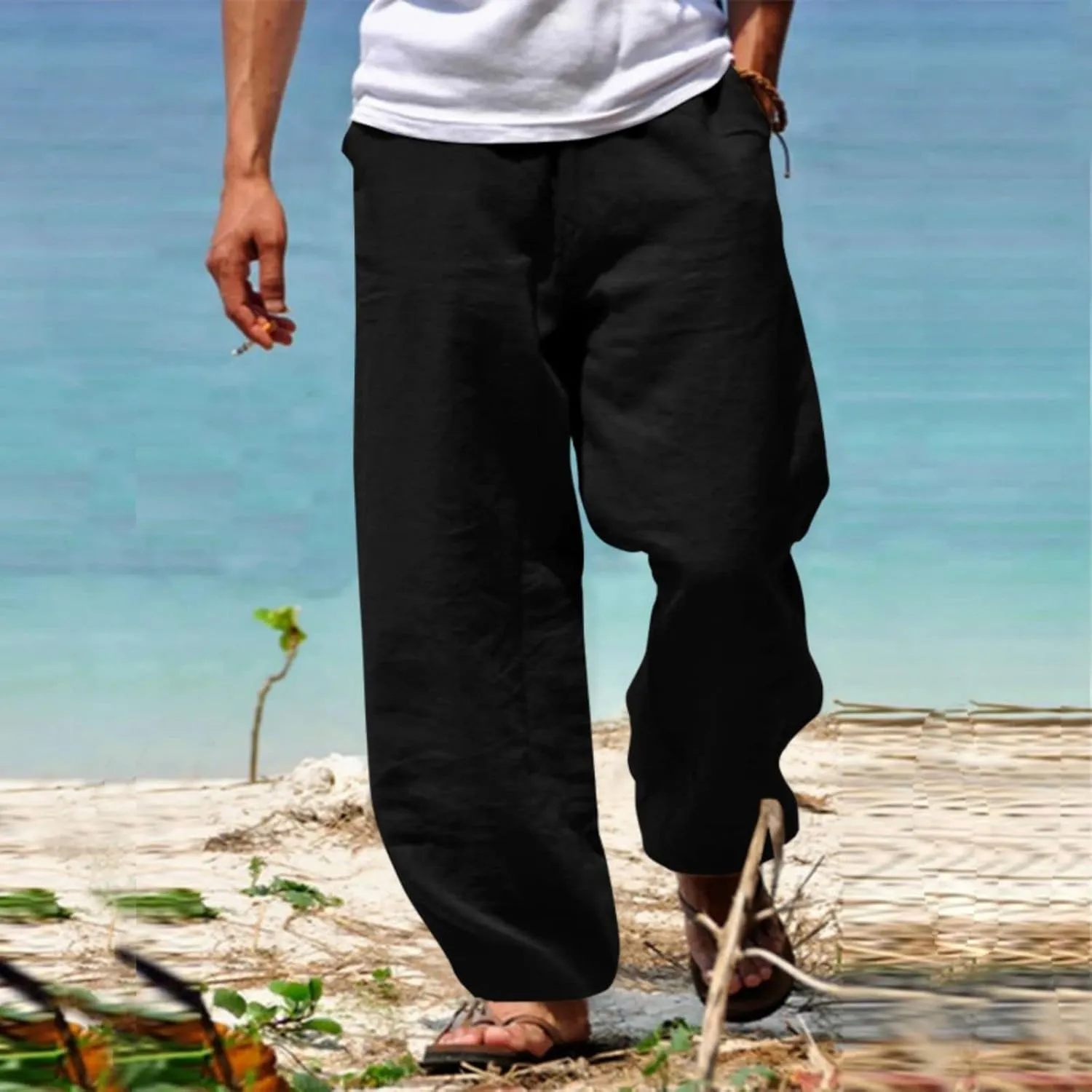 Men's Linen Pants Loose Fit Yoga Beach Pants Slim Fit Capri Trousers with Elastic Waist for Casual Summer Wear