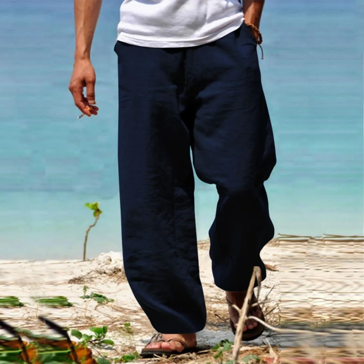 Men's Linen Pants Loose Fit Yoga Beach Pants Slim Fit Capri Trousers with Elastic Waist for Casual Summer Wear
