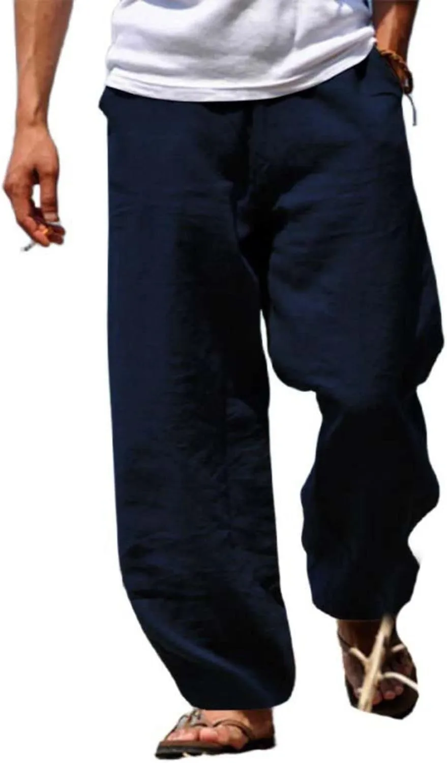 Men's Linen Pants Loose Fit Yoga Beach Pants Slim Fit Capri Trousers with Elastic Waist for Casual Summer Wear
