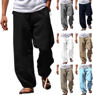 Men's Linen Pants Loose Fit Yoga Beach Pants Slim Fit Capri Trousers with Elastic Waist for Casual Summer Wear