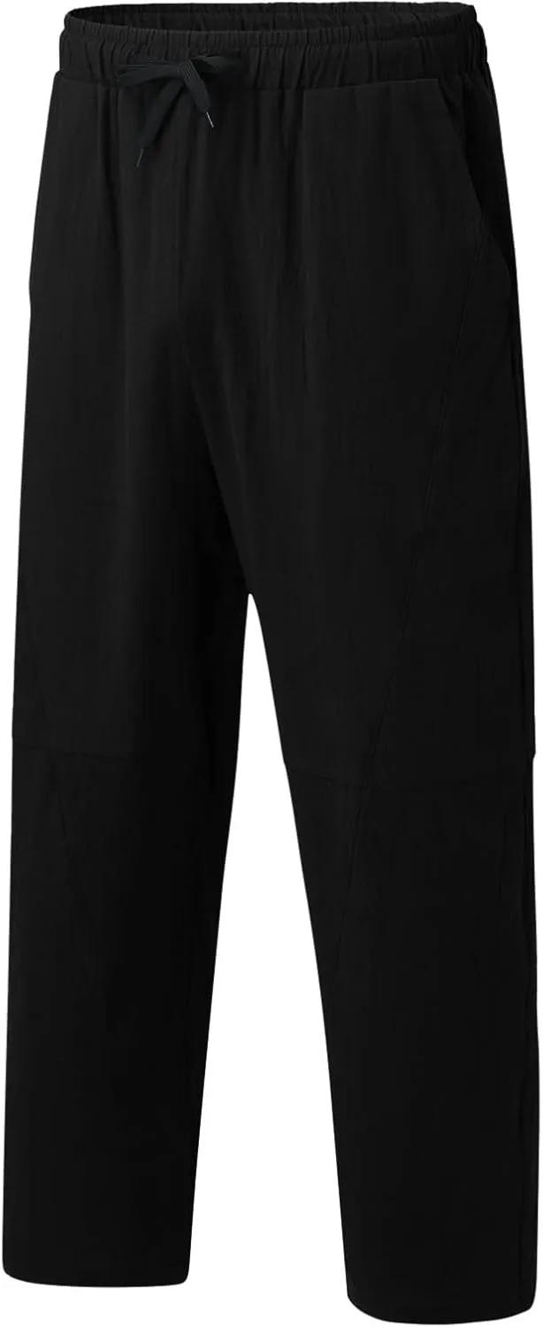 Men's Linen Summer Beach Pants Baggy Straight Leg Joggers Loose Fit Business Pant Outdoor Hiking Trousers