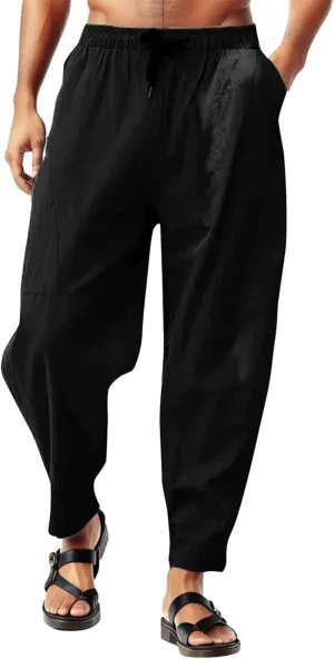 Men's Linen Summer Beach Pants Baggy Straight Leg Joggers Loose Fit Business Pant Outdoor Hiking Trousers