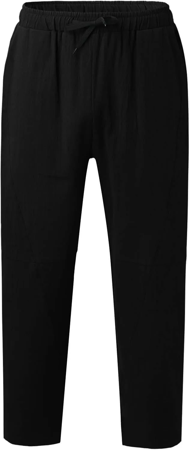 Men's Linen Summer Beach Pants Baggy Straight Leg Joggers Loose Fit Business Pant Outdoor Hiking Trousers