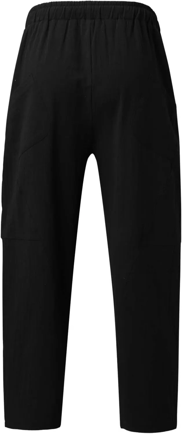 Men's Linen Summer Beach Pants Baggy Straight Leg Joggers Loose Fit Business Pant Outdoor Hiking Trousers