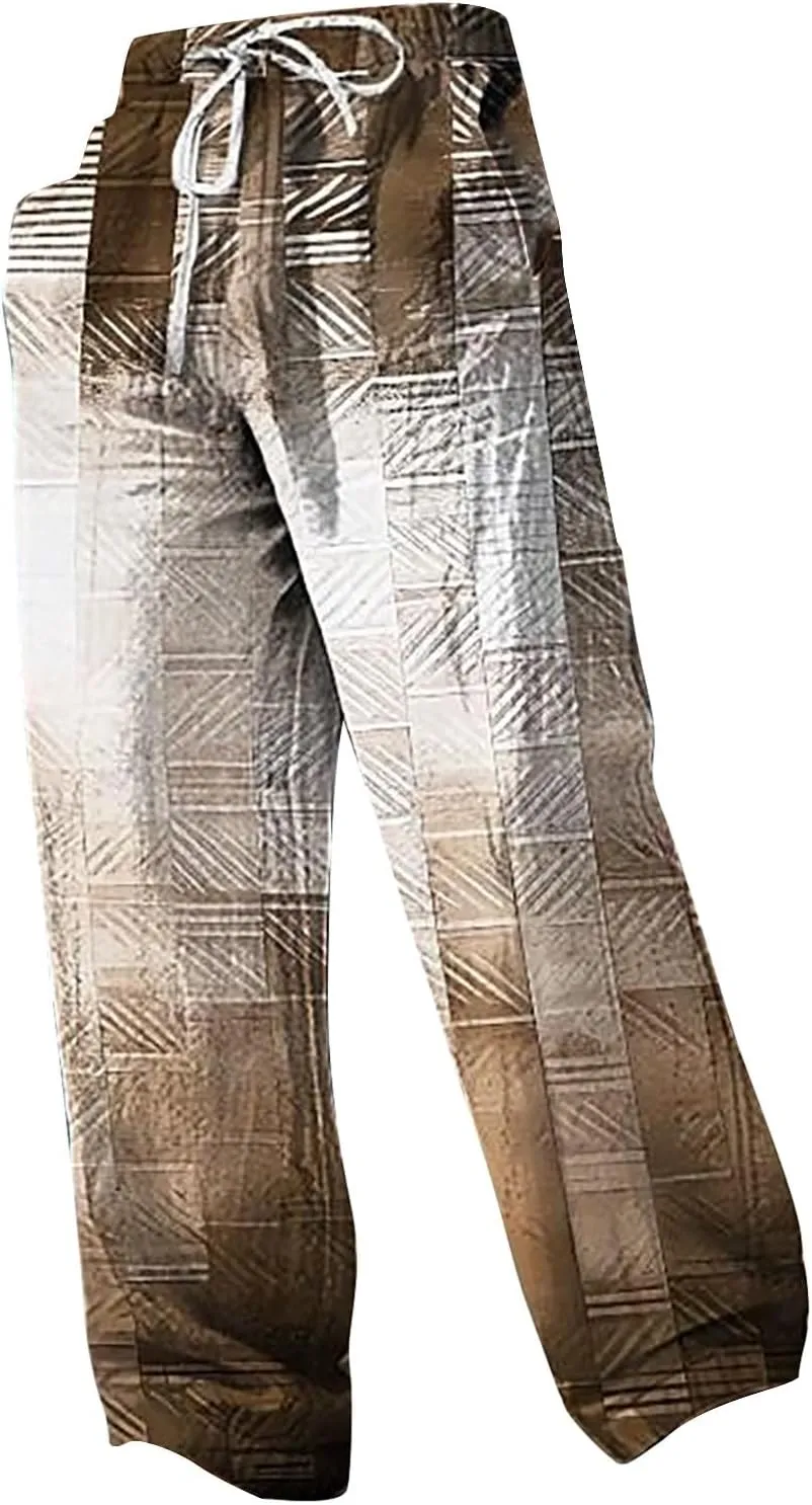 Men's Linen Trousers Summer Elastic High Waist Drawtring Pants Drawstring Lightweight Holiday Streetwears Summer Casual Pants