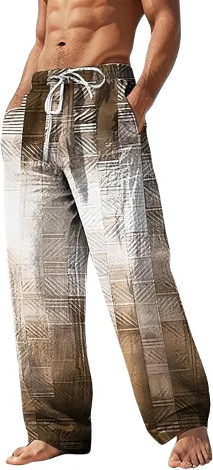Men's Linen Trousers Summer Elastic High Waist Drawtring Pants Drawstring Lightweight Holiday Streetwears Summer Casual Pants