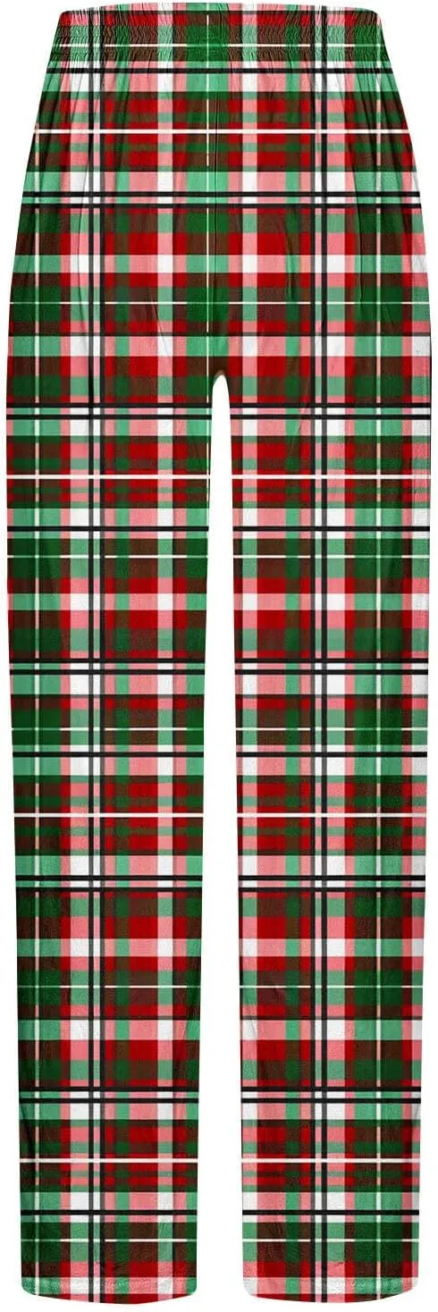 Mens Pajama Pants Trendy Plaid Print Home Pants Elastic Waist Casual Pants Lightweight Straight Leg Slim Fit Trousers