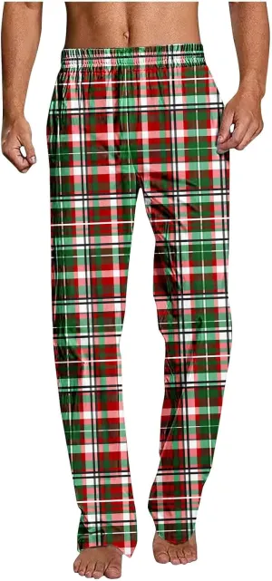 Mens Pajama Pants Trendy Plaid Print Home Pants Elastic Waist Casual Pants Lightweight Straight Leg Slim Fit Trousers