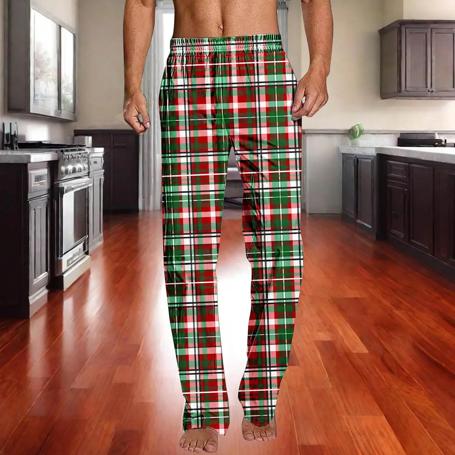 Mens Pajama Pants Trendy Plaid Print Home Pants Elastic Waist Casual Pants Lightweight Straight Leg Slim Fit Trousers