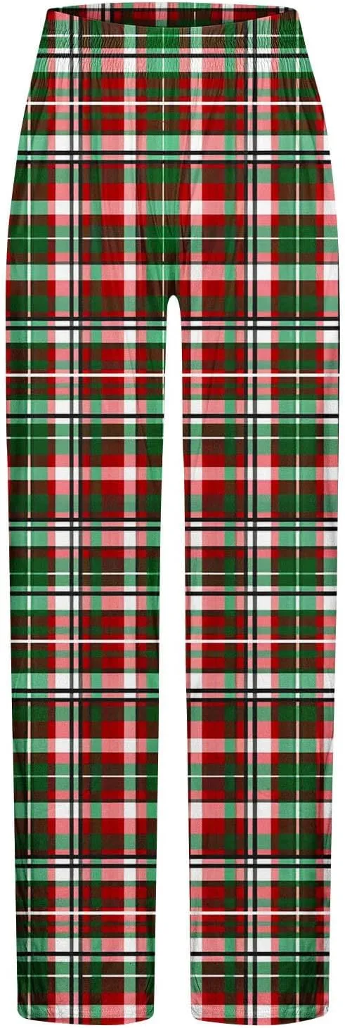 Mens Pajama Pants Trendy Plaid Print Home Pants Elastic Waist Casual Pants Lightweight Straight Leg Slim Fit Trousers