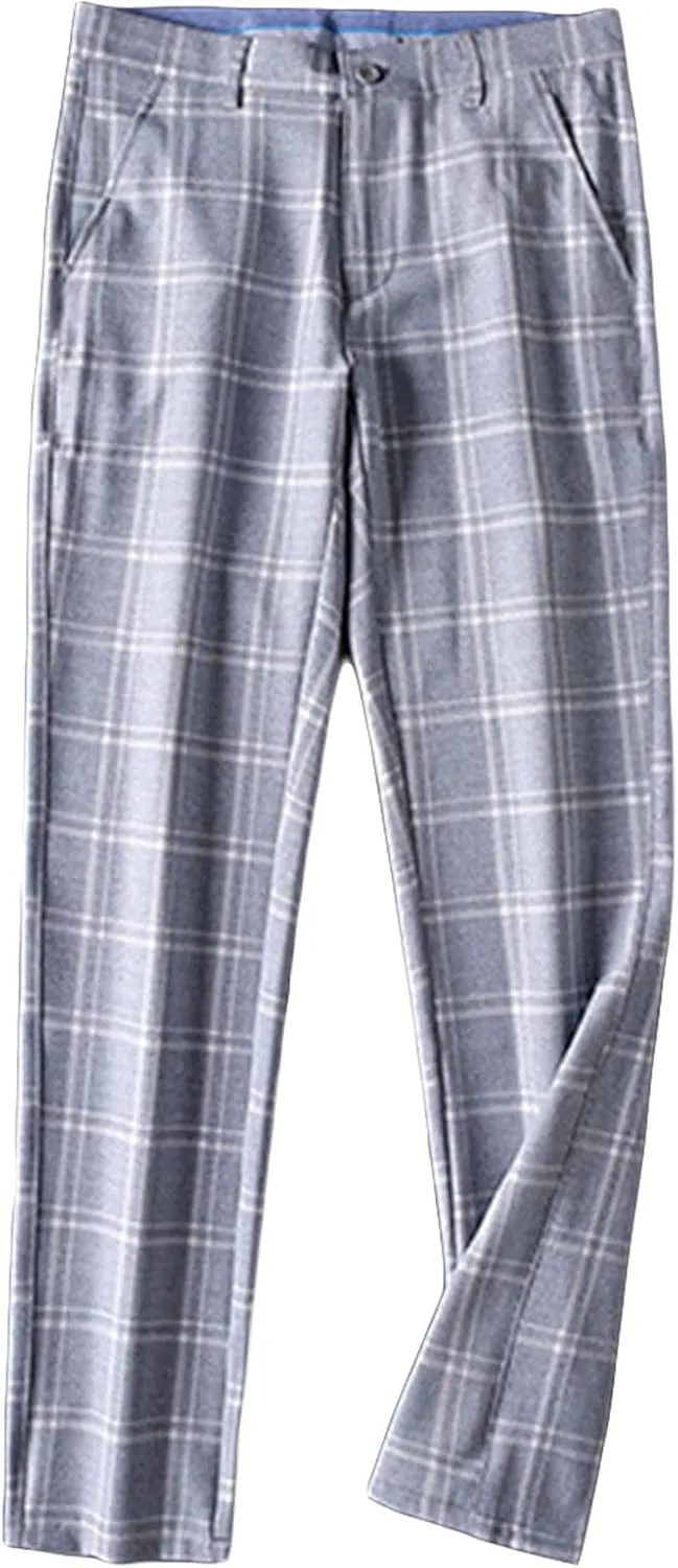 Men's Slim-Fit Flat-Front Dress Pant Straight Fit Plaid Stretch Skinny Casual Business Dress Chinos Pants (33,Light Blue)