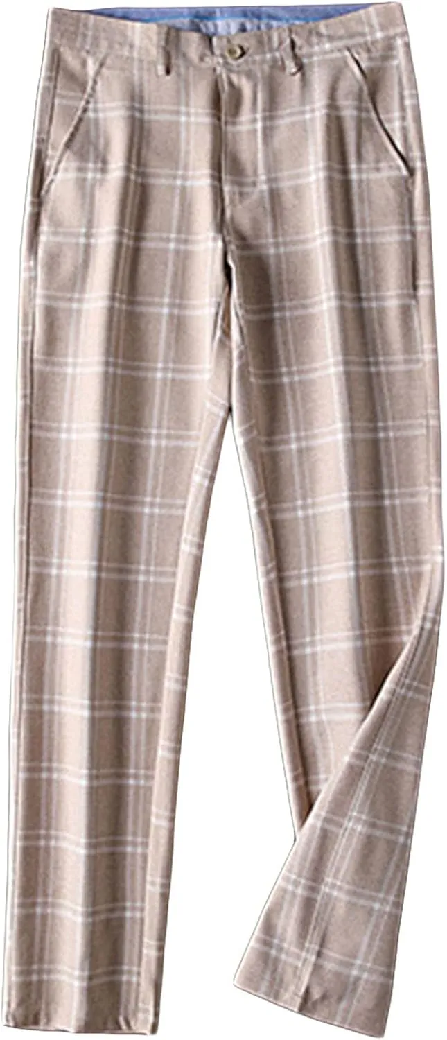 Men's Slim-Fit Flat-Front Dress Pant Straight Fit Plaid Stretch Skinny Casual Business Dress Chinos Pants (33,Light Brown)