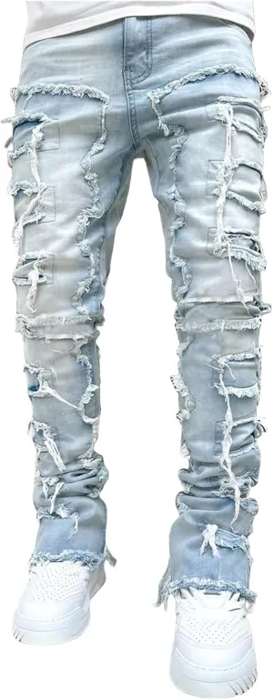 Mens Slim Fit Stretch Jeans Distressed Patchwork Stacked Frayed Skinny Denim Pants Straight Leg Trouser