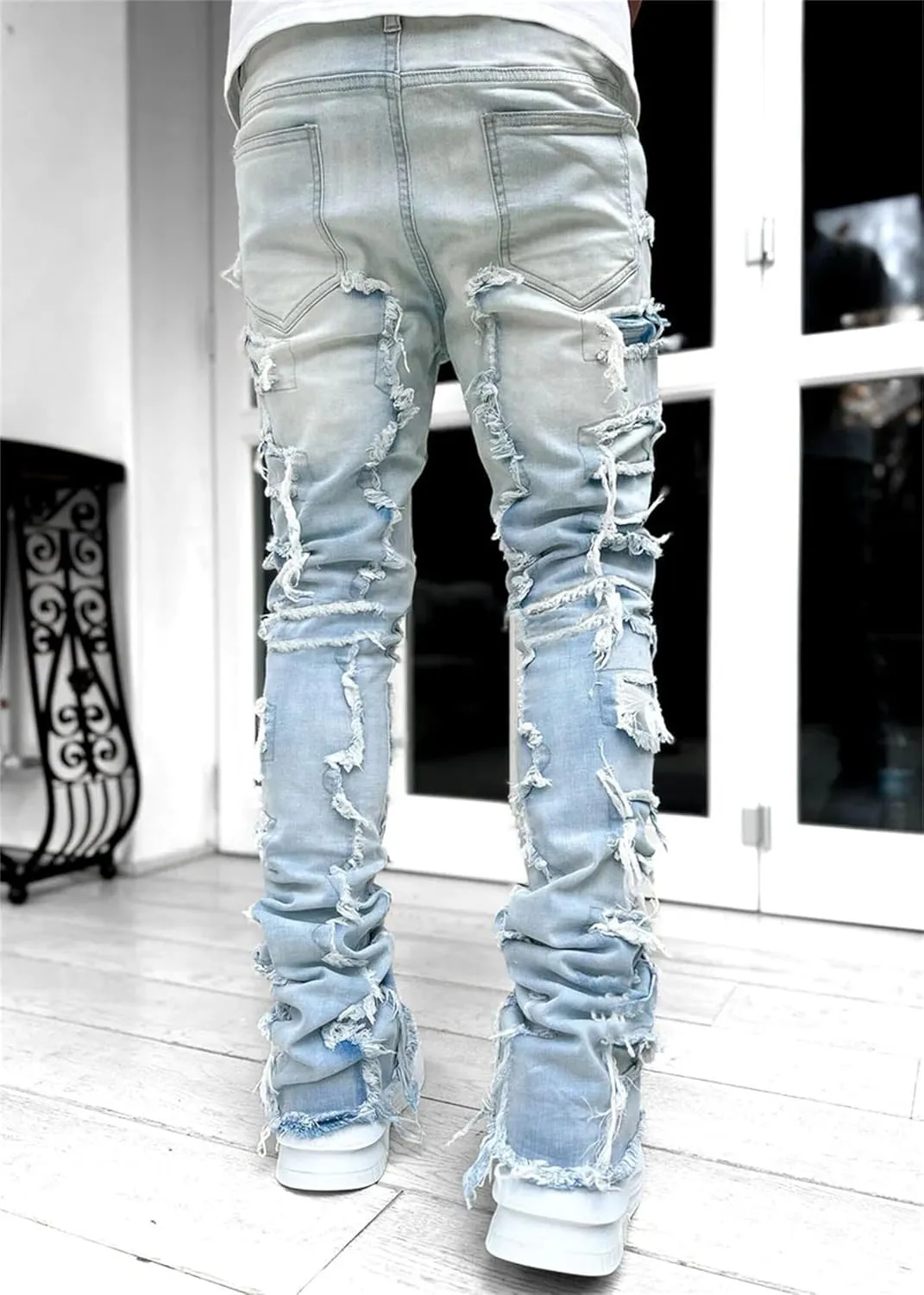 Mens Slim Fit Stretch Jeans Distressed Patchwork Stacked Frayed Skinny Denim Pants Straight Leg Trouser