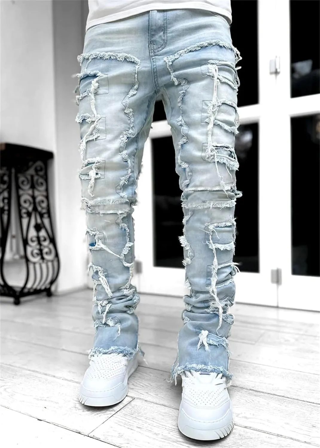 Mens Slim Fit Stretch Jeans Distressed Patchwork Stacked Frayed Skinny Denim Pants Straight Leg Trouser