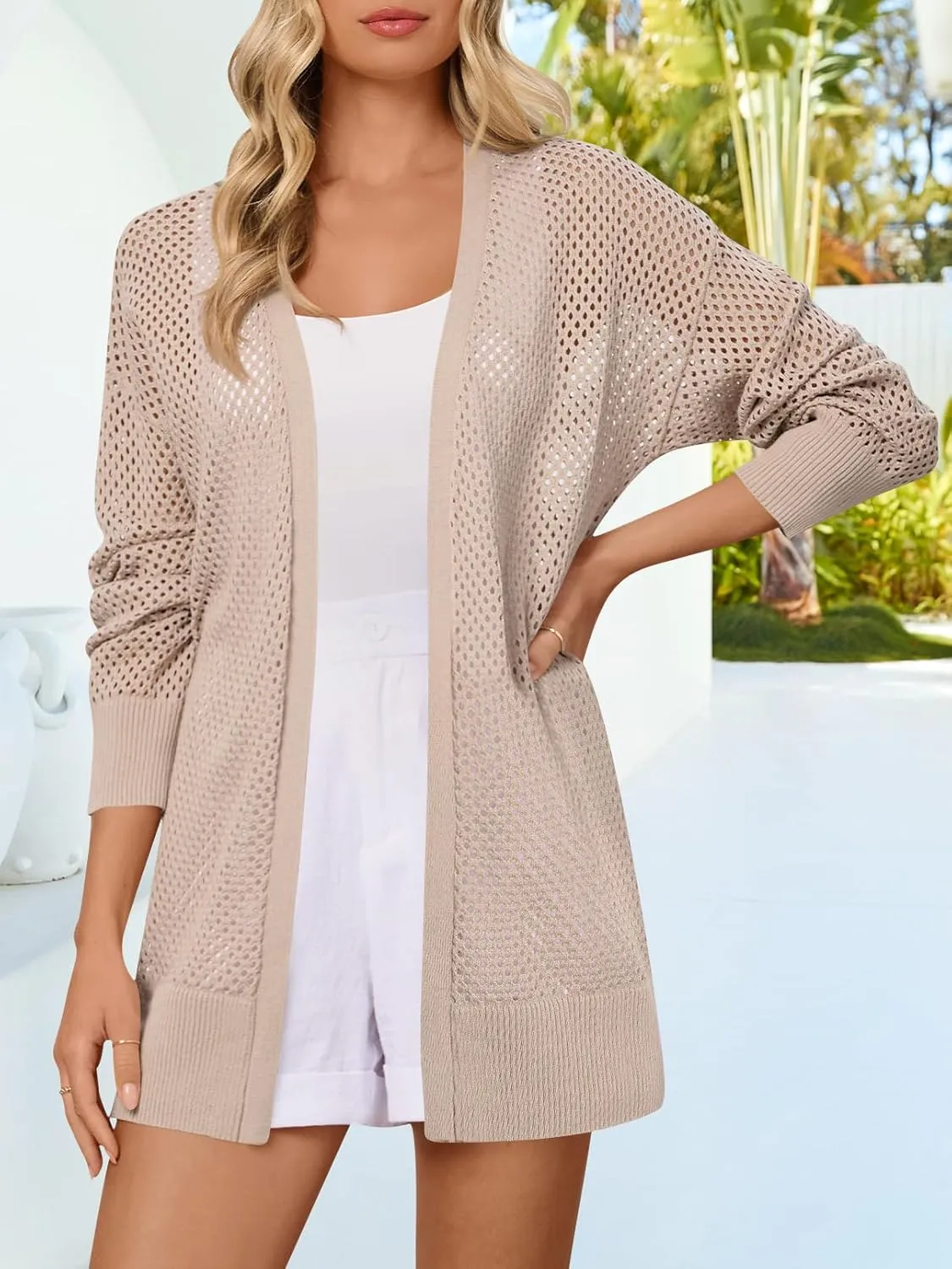 MEROKEETY Women's 2025 Beach Swim Cover Up Summer Oversized Kimono Lightweight Crochet Long Sleeve Cardigan Sweater