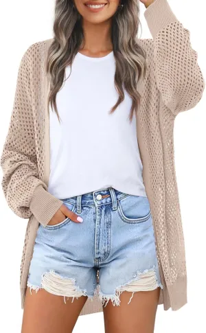 MEROKEETY Women's 2025 Beach Swim Cover Up Summer Oversized Kimono Lightweight Crochet Long Sleeve Cardigan Sweater
