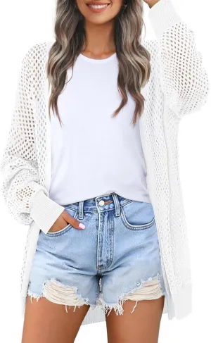 MEROKEETY Women's 2025 Beach Swim Cover Up Summer Oversized Kimono Lightweight Crochet Long Sleeve Cardigan Sweater