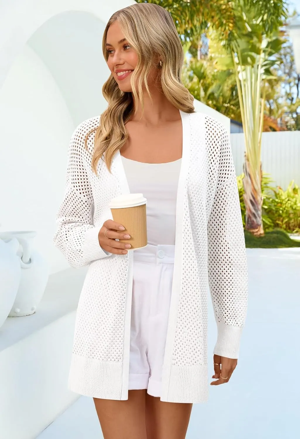 MEROKEETY Women's 2025 Beach Swim Cover Up Summer Oversized Kimono Lightweight Crochet Long Sleeve Cardigan Sweater