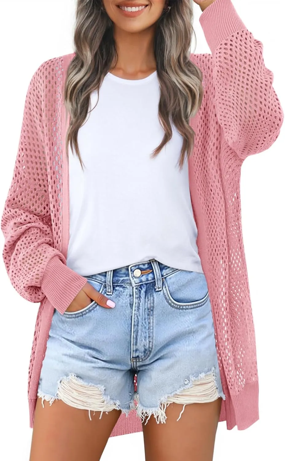 MEROKEETY Women's 2025 Beach Swim Cover Up Summer Oversized Kimono Lightweight Crochet Long Sleeve Cardigan Sweater