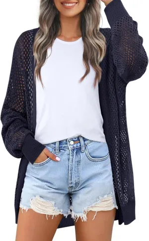 MEROKEETY Women's 2025 Beach Swim Cover Up Summer Oversized Kimono Lightweight Crochet Long Sleeve Cardigan Sweater