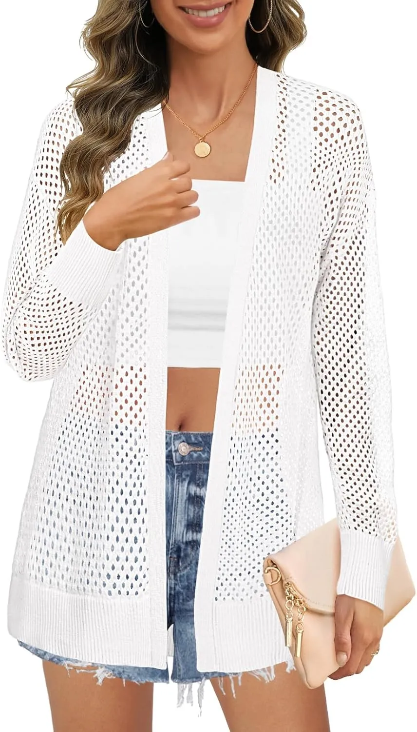 MEROKEETY Women's 2025 Beach Swim Cover Up Summer Oversized Kimono Lightweight Crochet Long Sleeve Cardigan Sweater