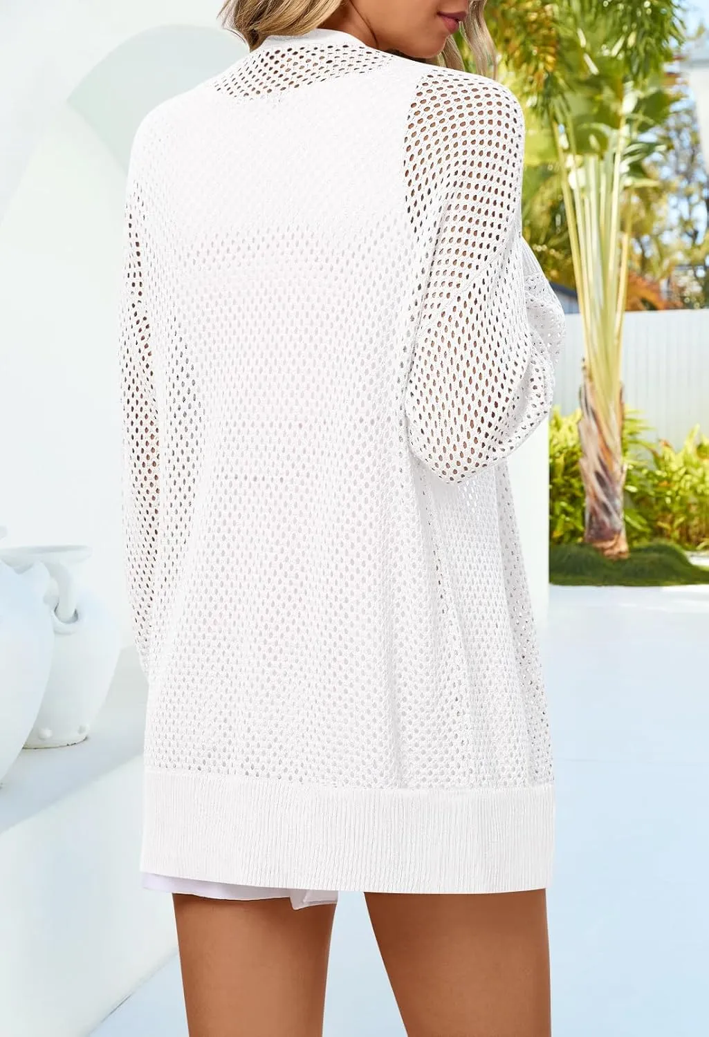 MEROKEETY Women's 2025 Beach Swim Cover Up Summer Oversized Kimono Lightweight Crochet Long Sleeve Cardigan Sweater