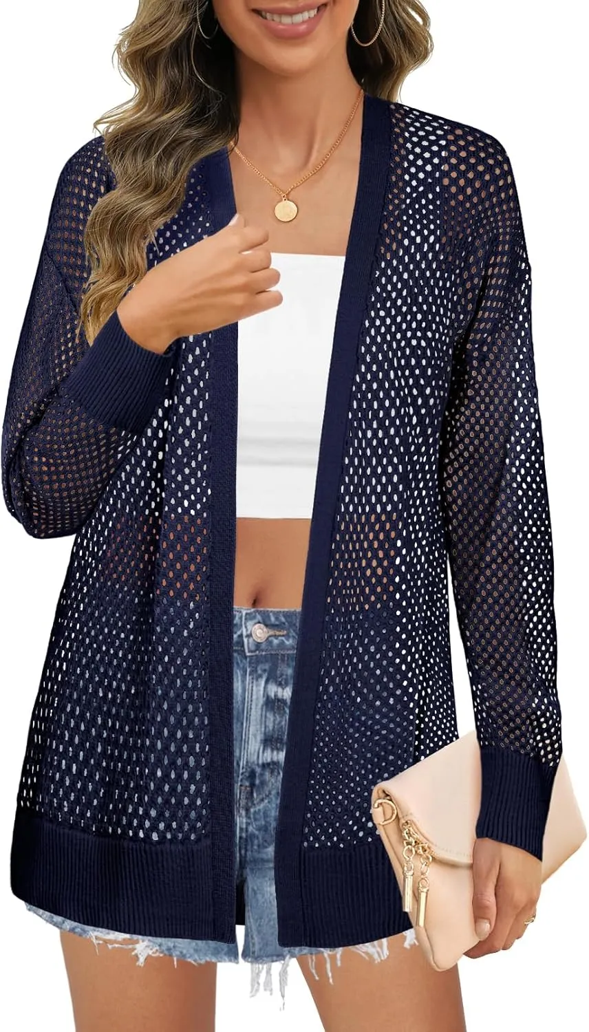 MEROKEETY Women's 2025 Beach Swim Cover Up Summer Oversized Kimono Lightweight Crochet Long Sleeve Cardigan Sweater