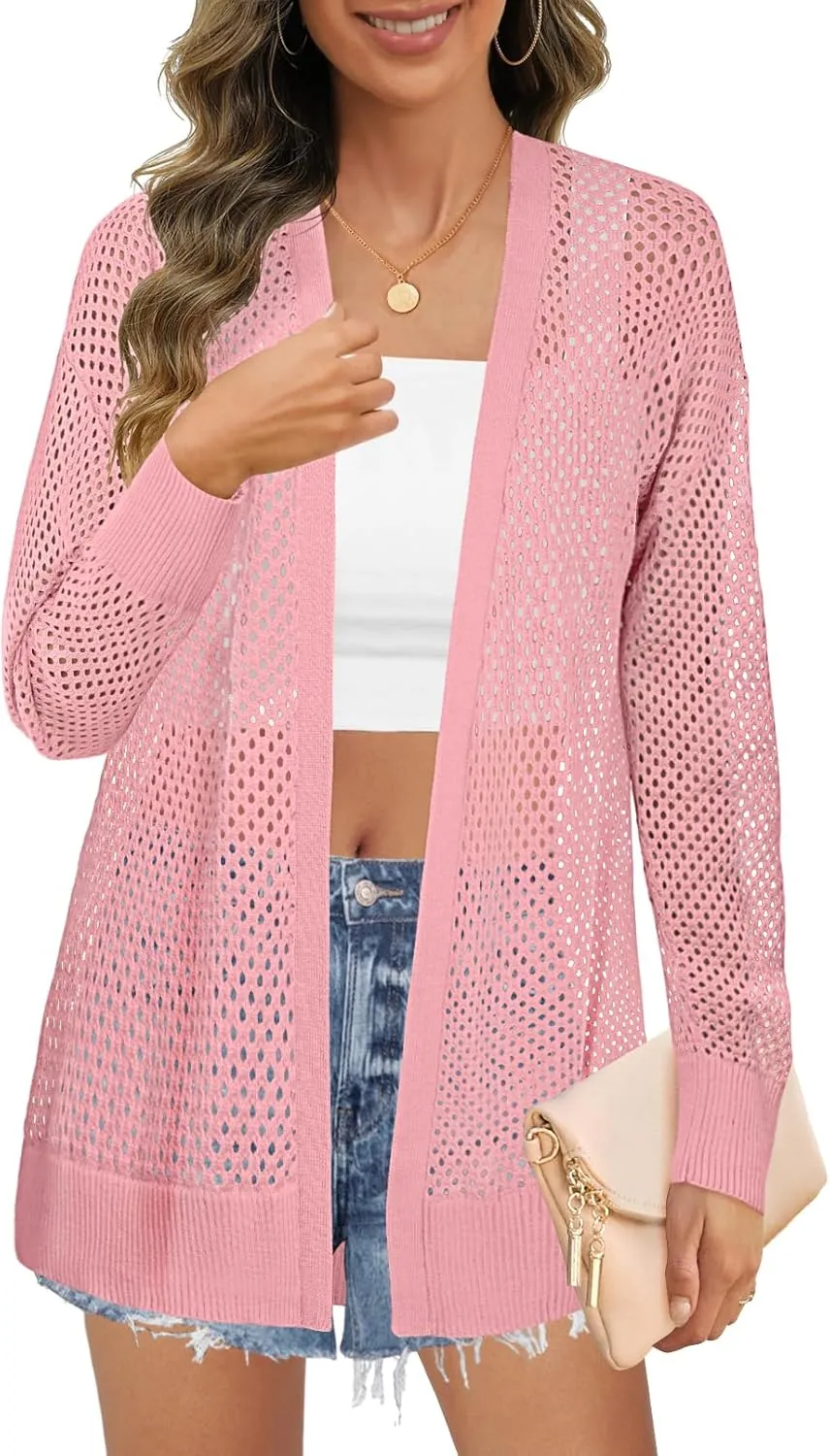 MEROKEETY Women's 2025 Beach Swim Cover Up Summer Oversized Kimono Lightweight Crochet Long Sleeve Cardigan Sweater
