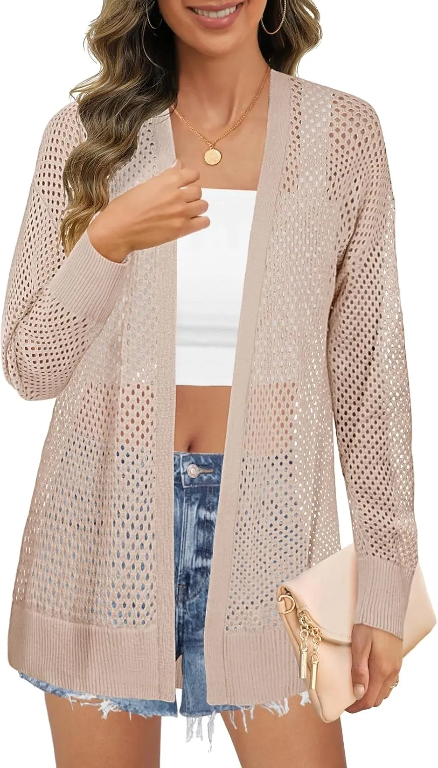 MEROKEETY Women's 2025 Beach Swim Cover Up Summer Oversized Kimono Lightweight Crochet Long Sleeve Cardigan Sweater
