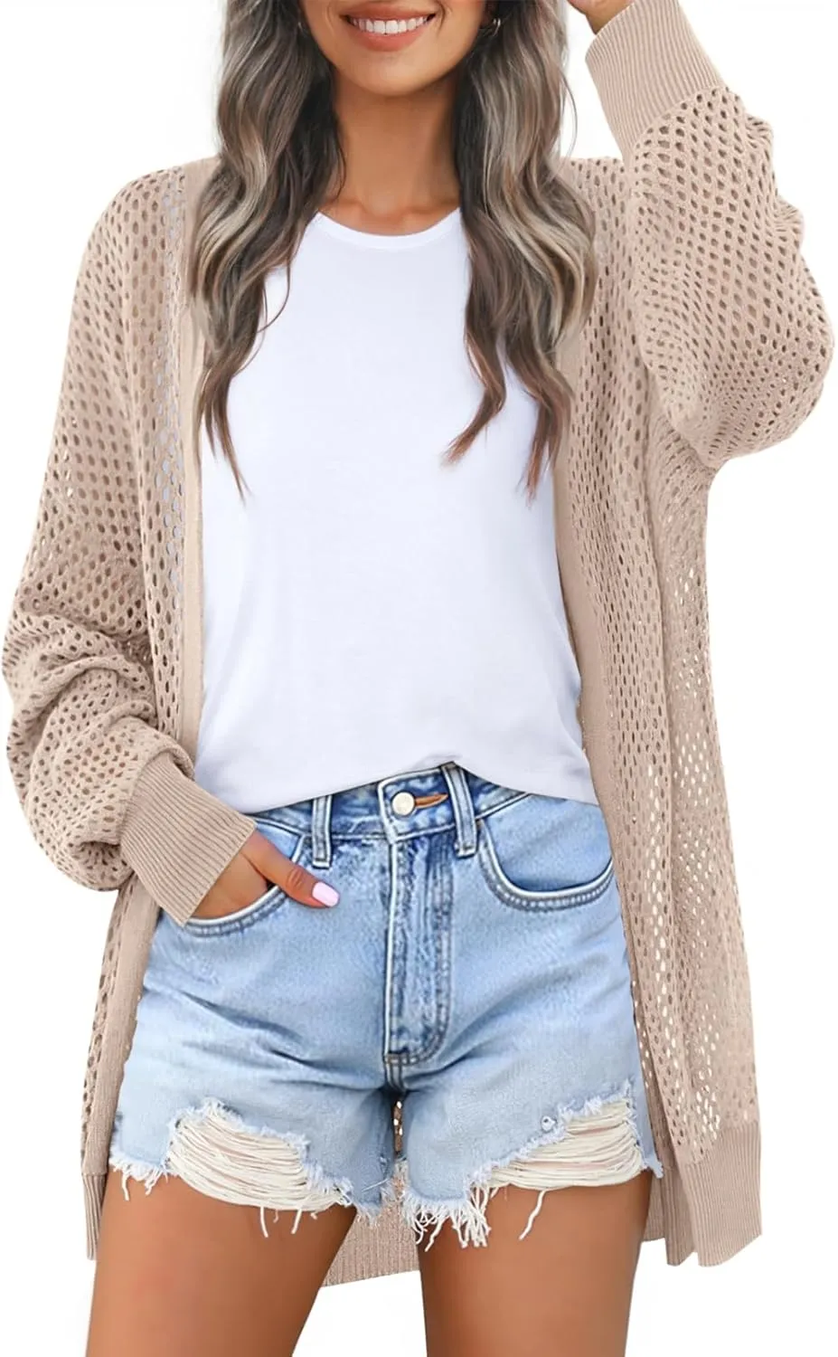MEROKEETY Women's 2025 Beach Swim Cover Up Summer Oversized Kimono Lightweight Crochet Long Sleeve Cardigan Sweater