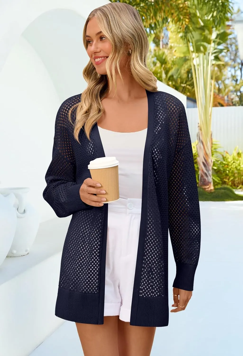 MEROKEETY Women's 2025 Beach Swim Cover Up Summer Oversized Kimono Lightweight Crochet Long Sleeve Cardigan Sweater