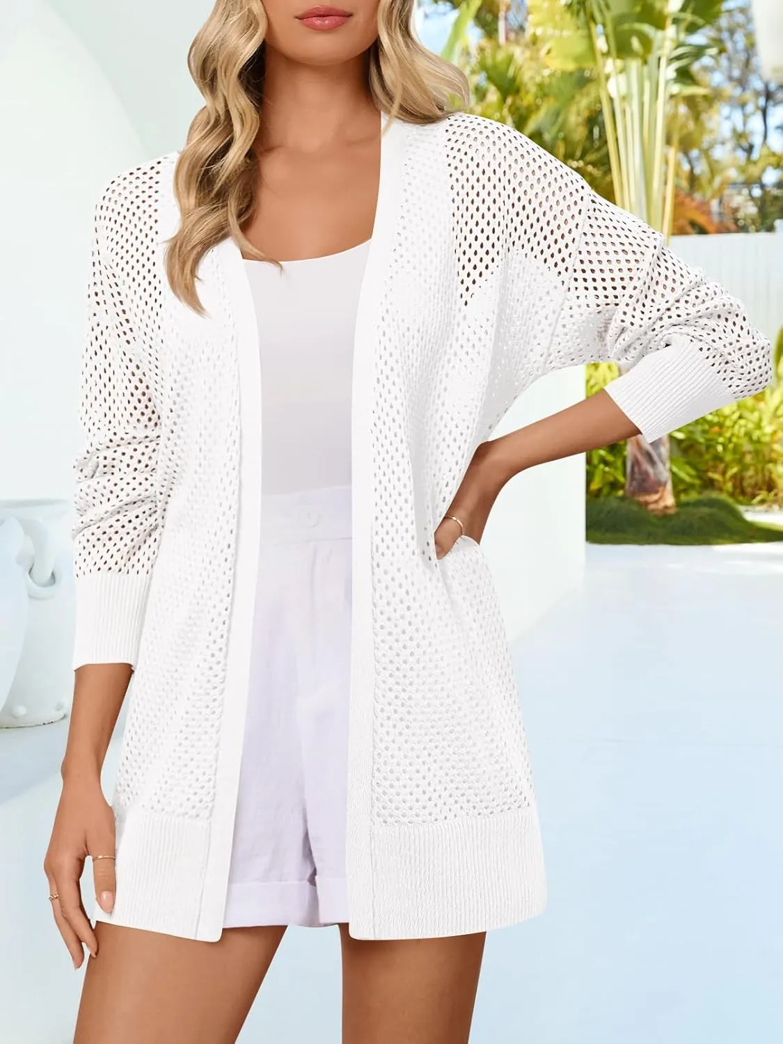 MEROKEETY Women's 2025 Beach Swim Cover Up Summer Oversized Kimono Lightweight Crochet Long Sleeve Cardigan Sweater