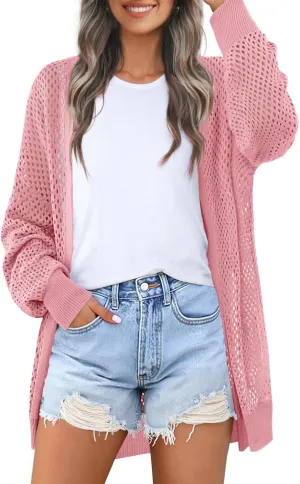 MEROKEETY Women's 2025 Beach Swim Cover Up Summer Oversized Kimono Lightweight Crochet Long Sleeve Cardigan Sweater