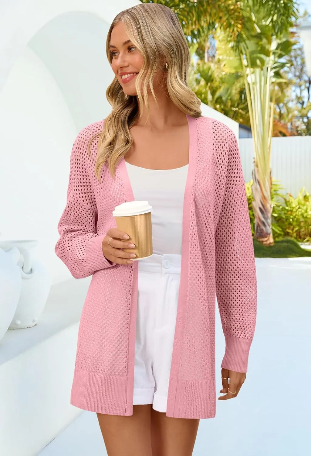 MEROKEETY Women's 2025 Beach Swim Cover Up Summer Oversized Kimono Lightweight Crochet Long Sleeve Cardigan Sweater
