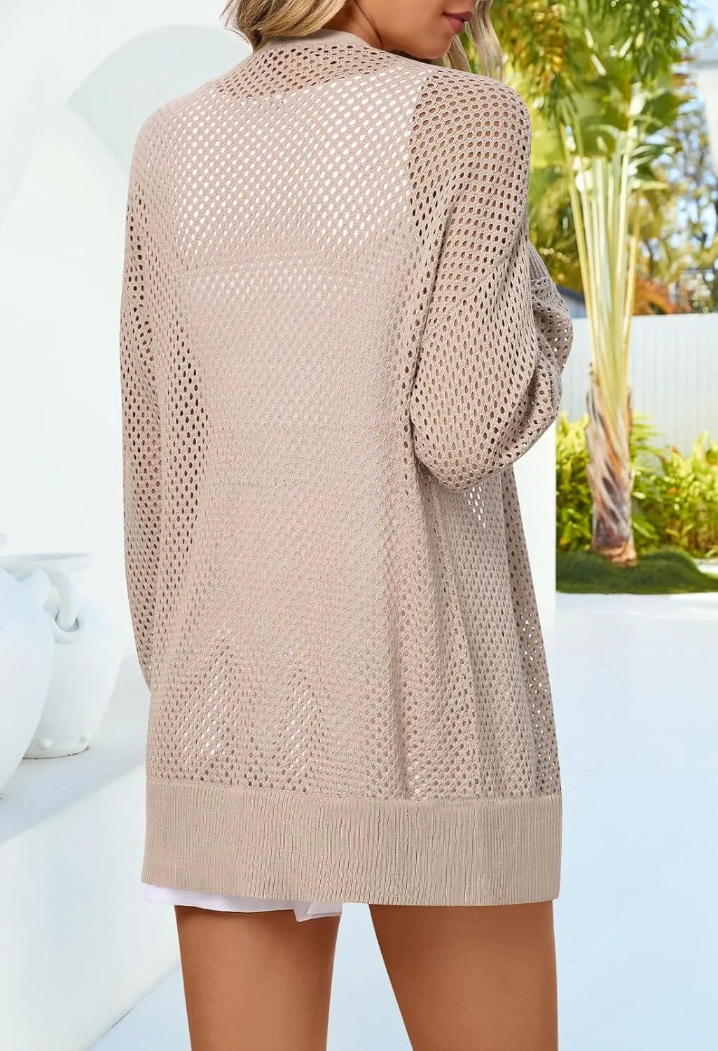 MEROKEETY Women's 2025 Beach Swim Cover Up Summer Oversized Kimono Lightweight Crochet Long Sleeve Cardigan Sweater