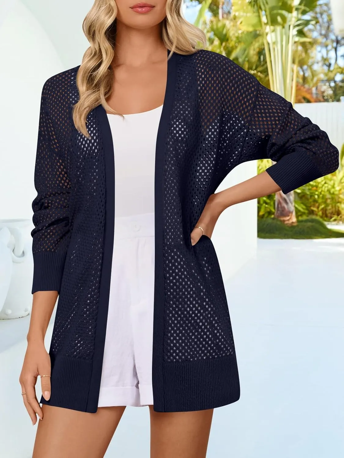 MEROKEETY Women's 2025 Beach Swim Cover Up Summer Oversized Kimono Lightweight Crochet Long Sleeve Cardigan Sweater