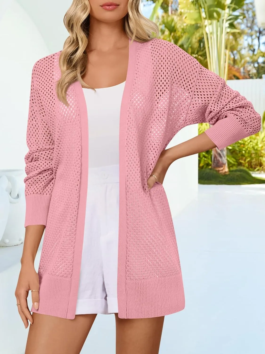MEROKEETY Women's 2025 Beach Swim Cover Up Summer Oversized Kimono Lightweight Crochet Long Sleeve Cardigan Sweater