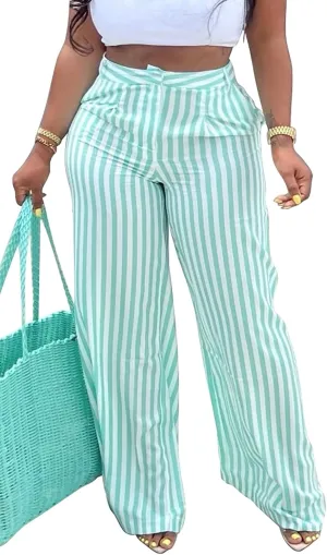 MESLIMA Women's Button Closure High Waist Trousers Fashion Striped Print Summer Loose Wide Leg Pants