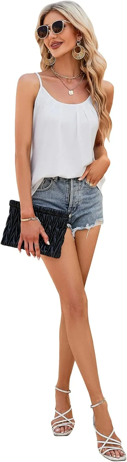 Micoson Women Scoop Neck Tank Tops Sleeveless Adjustable Spaghetti Strap Camisole Casual Pleated Basic Shirt
