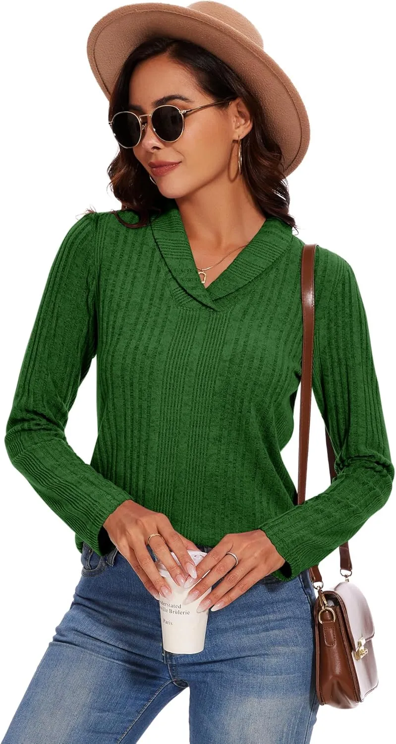 Micoson Womens Long Sleeve Tops V Neck Casual Shirts Lapel Blouses Dressy Business Fall Knit Thin Pullover Tunic Tops